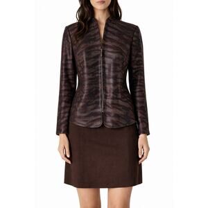 St John Evening Paillettes Tiger Jacket 8 Black Brown Sequin Zip Knit Animal